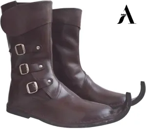 AnNafi® Medieval Leather Boots 3 Buckle | Renaissance Inspired Loafer Boot| Halloween Pirate Captain Boot| Re-Enactment Viking Mens Shoes| SCA LARP Riding Costume Boot for Cosplay