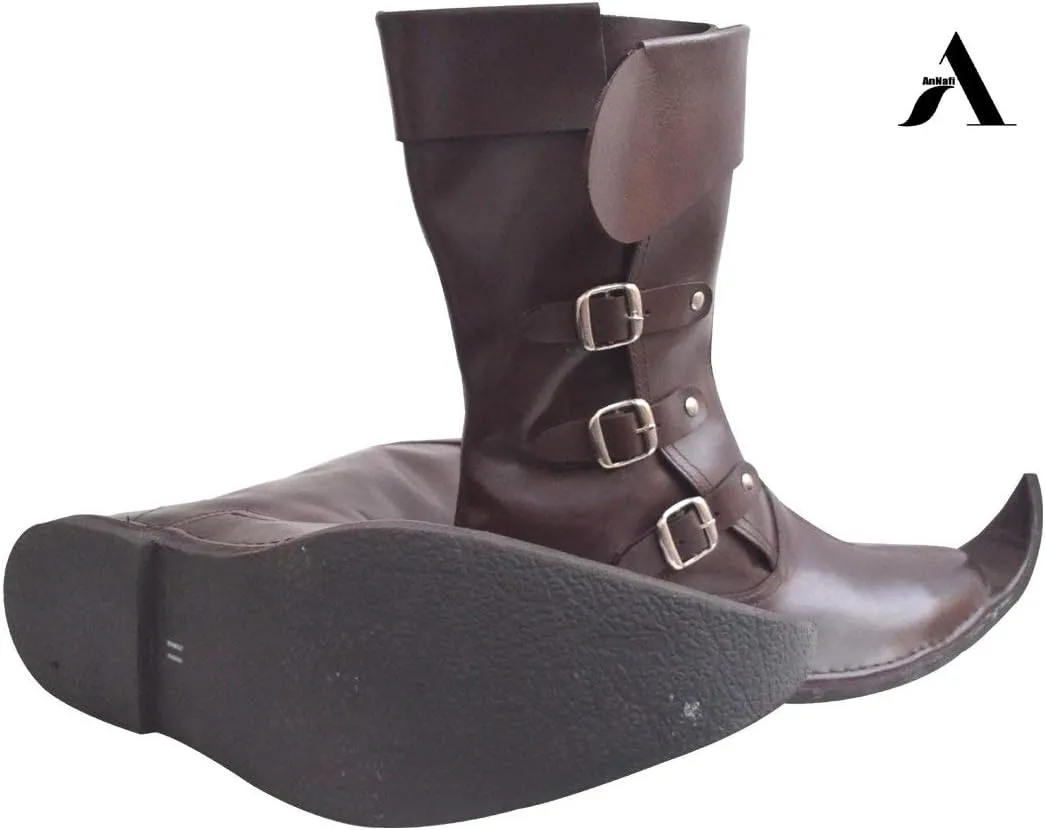 AnNafi® Medieval Leather Boots 3 Buckle | Renaissance Inspired Loafer Boot| Halloween Pirate Captain Boot| Re-Enactment Viking Mens Shoes| SCA LARP Riding Costume Boot for Cosplay