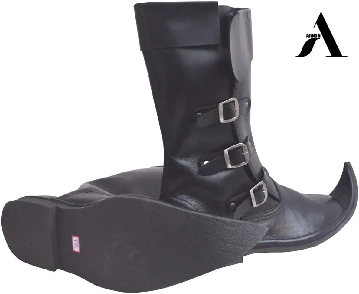 AnNafi® Medieval Leather Boots 3 Buckle | Renaissance Inspired Loafer Boot| Halloween Pirate Captain Boot| Re-Enactment Viking Mens Shoes| SCA LARP Riding Costume Boot for Cosplay