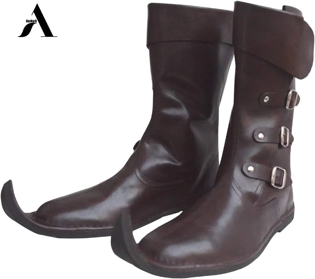 AnNafi® Medieval Leather Boots 3 Buckle | Renaissance Inspired Loafer Boot| Halloween Pirate Captain Boot| Re-Enactment Viking Mens Shoes| SCA LARP Riding Costume Boot for Cosplay