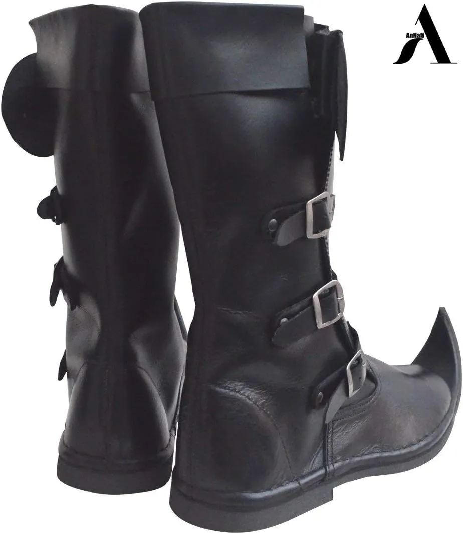 AnNafi® Medieval Leather Boots 3 Buckle | Renaissance Inspired Loafer Boot| Halloween Pirate Captain Boot| Re-Enactment Viking Mens Shoes| SCA LARP Riding Costume Boot for Cosplay