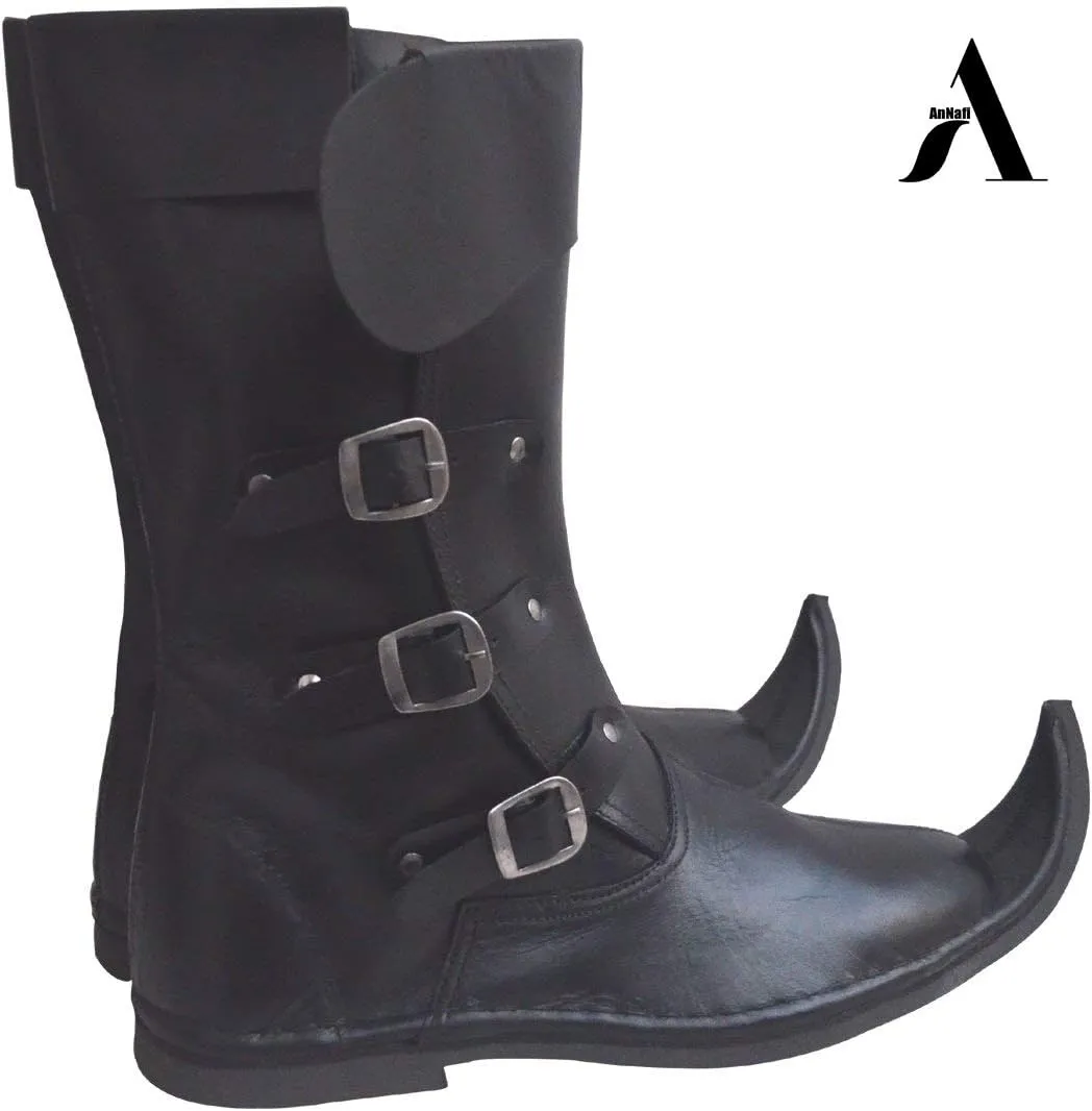 AnNafi® Medieval Leather Boots 3 Buckle | Renaissance Inspired Loafer Boot| Halloween Pirate Captain Boot| Re-Enactment Viking Mens Shoes| SCA LARP Riding Costume Boot for Cosplay