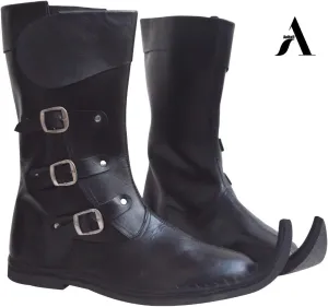 AnNafi® Medieval Leather Boots 3 Buckle | Renaissance Inspired Loafer Boot| Halloween Pirate Captain Boot| Re-Enactment Viking Mens Shoes| SCA LARP Riding Costume Boot for Cosplay