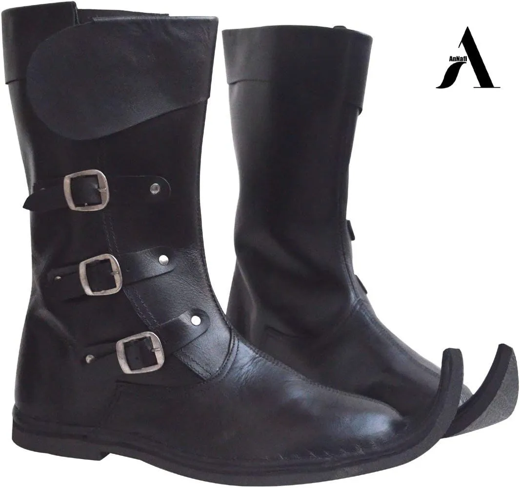 AnNafi® Medieval Leather Boots 3 Buckle | Renaissance Inspired Loafer Boot| Halloween Pirate Captain Boot| Re-Enactment Viking Mens Shoes| SCA LARP Riding Costume Boot for Cosplay