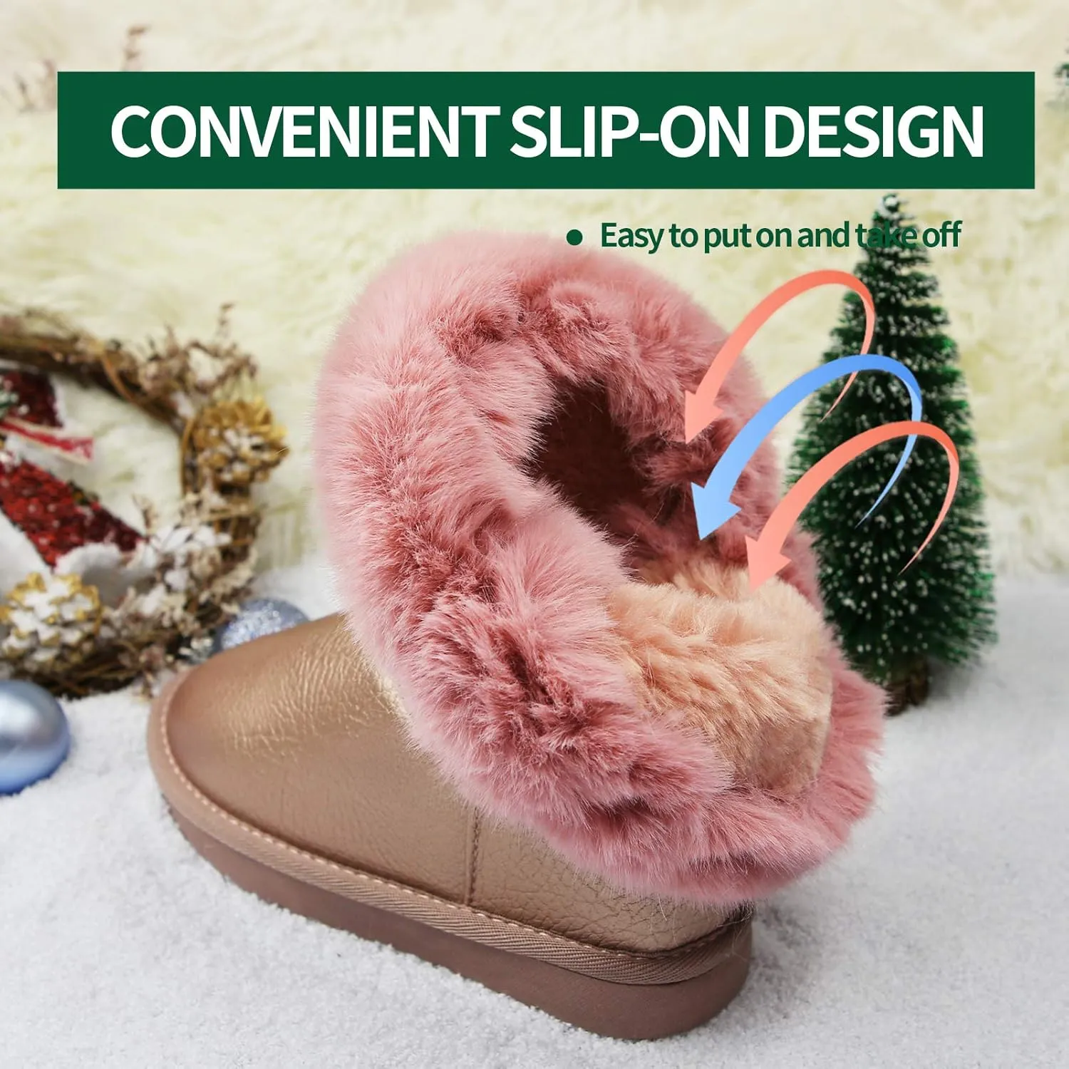 Apawwa Girls and Boys Boots Fur Lined Slip-On Warm Girls Snow Boots Waterproof Kids Winter Boots Stylish Kids Walking Boots（Size 5.5 Toddler to Size 3 Big Kid）