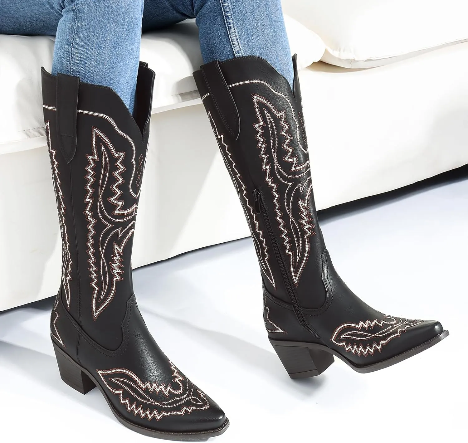 Athlefit Cowboy Boots for Women Western Cowgirl Square Toe boots Embroidery Chunky Heel Mid-Calf Boots