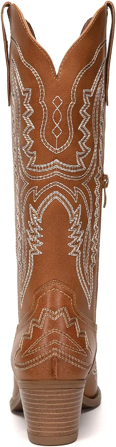 Athlefit Cowboy Boots for Women Western Cowgirl Square Toe boots Embroidery Chunky Heel Mid-Calf Boots