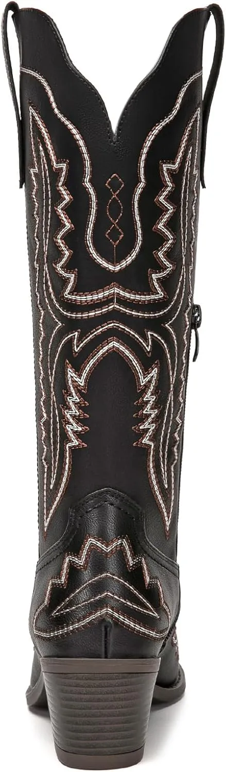 Athlefit Cowboy Boots for Women Western Cowgirl Square Toe boots Embroidery Chunky Heel Mid-Calf Boots