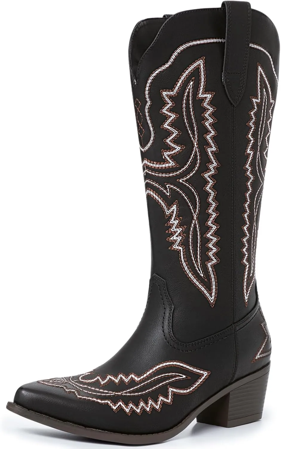 Athlefit Cowboy Boots for Women Western Cowgirl Square Toe boots Embroidery Chunky Heel Mid-Calf Boots