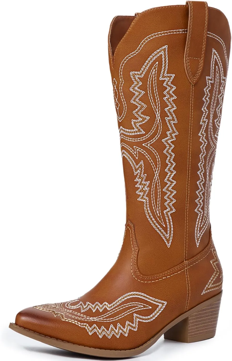 Athlefit Cowboy Boots for Women Western Cowgirl Square Toe boots Embroidery Chunky Heel Mid-Calf Boots