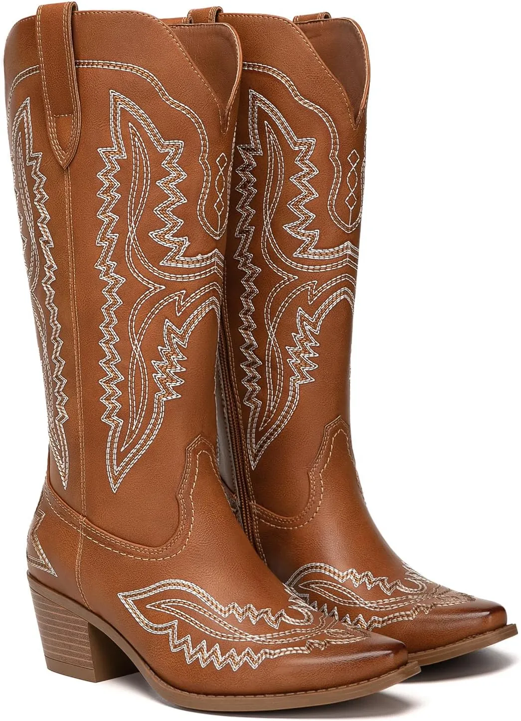 Athlefit Cowboy Boots for Women Western Cowgirl Square Toe boots Embroidery Chunky Heel Mid-Calf Boots
