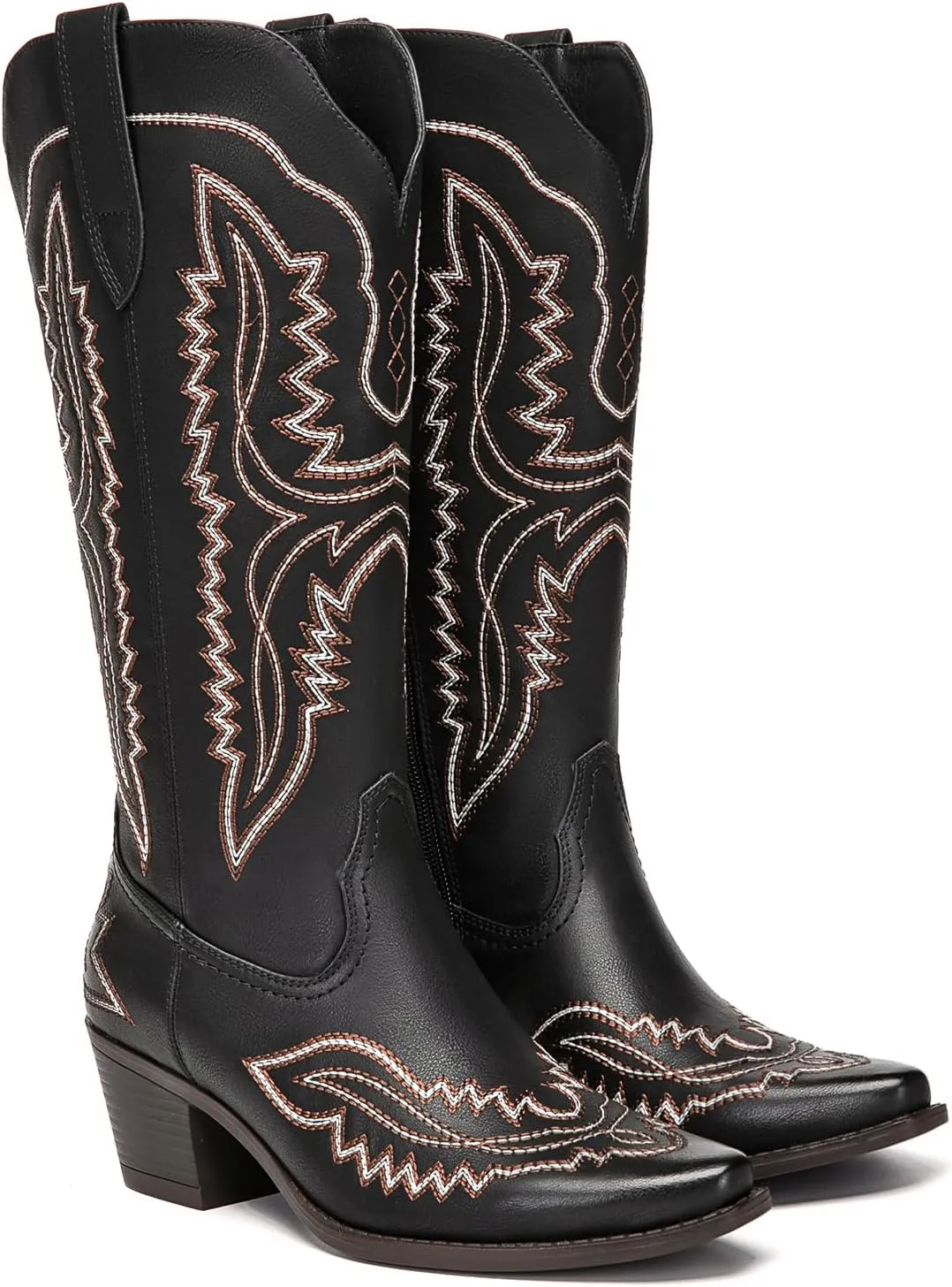 Athlefit Cowboy Boots for Women Western Cowgirl Square Toe boots Embroidery Chunky Heel Mid-Calf Boots