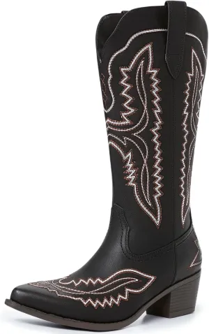 Athlefit Cowboy Boots for Women Western Cowgirl Square Toe boots Embroidery Chunky Heel Mid-Calf Boots
