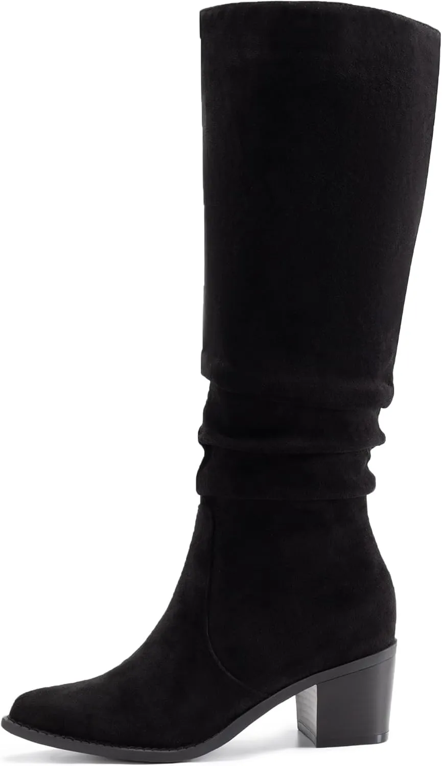 Athlefit Womens Knee High Chunky Heel Boots Faux Suede Pointed Toe Side Zipper Boots