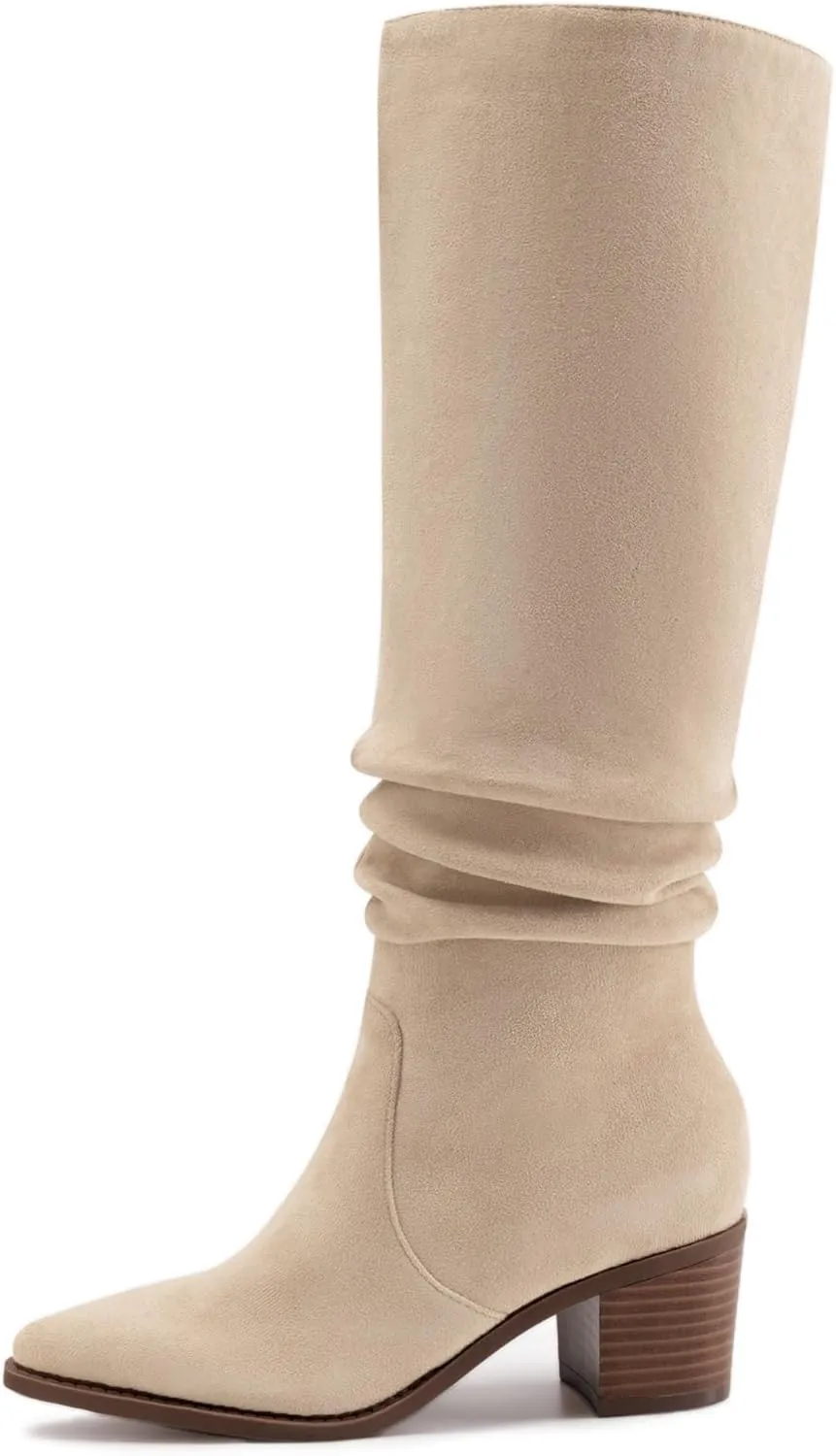 Athlefit Womens Knee High Chunky Heel Boots Faux Suede Pointed Toe Side Zipper Boots