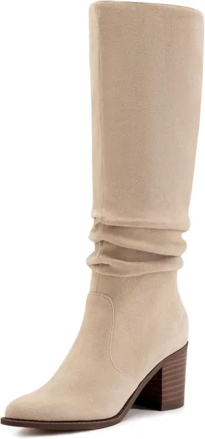 Athlefit Womens Knee High Chunky Heel Boots Faux Suede Pointed Toe Side Zipper Boots