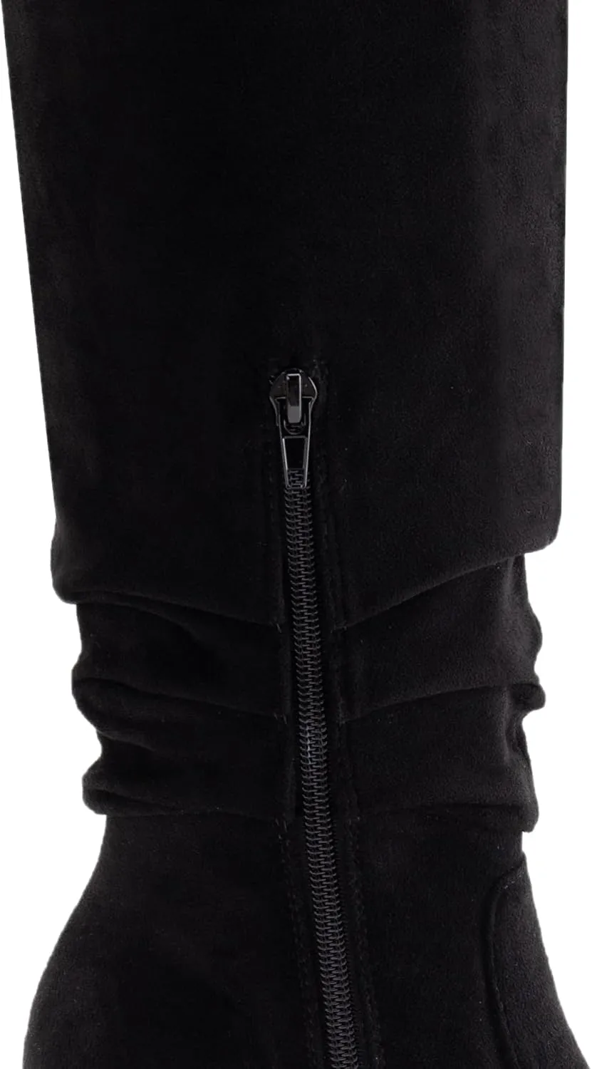 Athlefit Womens Knee High Chunky Heel Boots Faux Suede Pointed Toe Side Zipper Boots