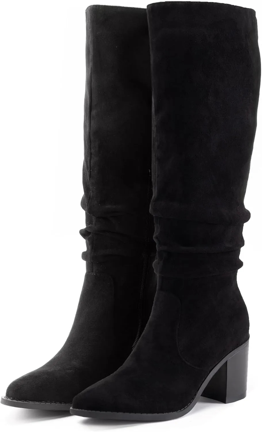 Athlefit Womens Knee High Chunky Heel Boots Faux Suede Pointed Toe Side Zipper Boots