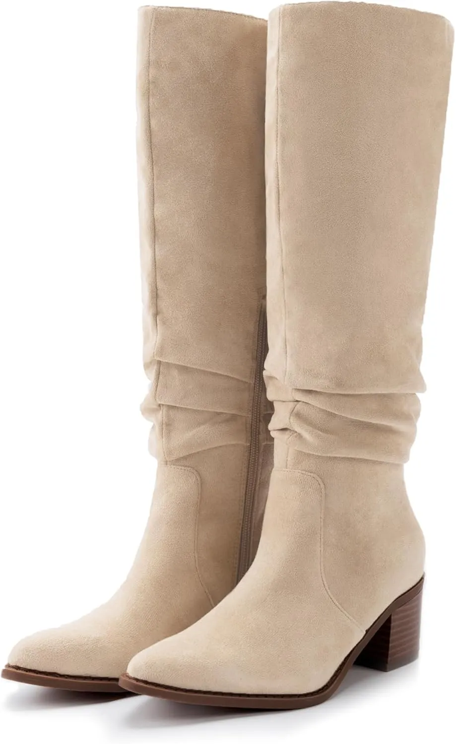 Athlefit Womens Knee High Chunky Heel Boots Faux Suede Pointed Toe Side Zipper Boots