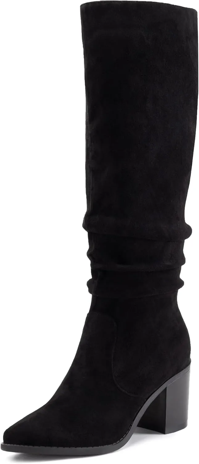 Athlefit Womens Knee High Chunky Heel Boots Faux Suede Pointed Toe Side Zipper Boots