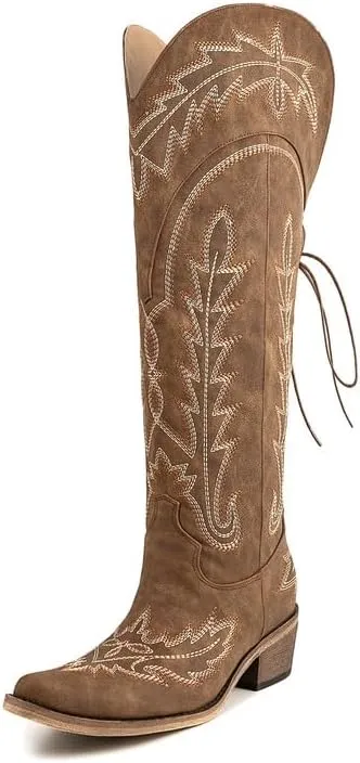 Atuelang Cowboy Boots for Women Knee High Cowgirl Boots Wide Calf Western Embroidered Lace Up Fashion Boot