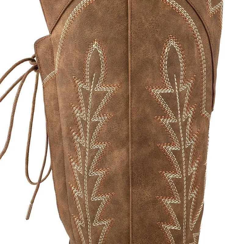 Atuelang Cowboy Boots for Women Knee High Cowgirl Boots Wide Calf Western Embroidered Lace Up Fashion Boot