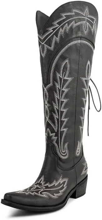 Atuelang Cowboy Boots for Women Knee High Cowgirl Boots Wide Calf Western Embroidered Lace Up Fashion Boot