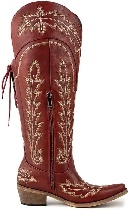 Atuelang Cowboy Boots for Women Knee High Cowgirl Boots Wide Calf Western Embroidered Lace Up Fashion Boot