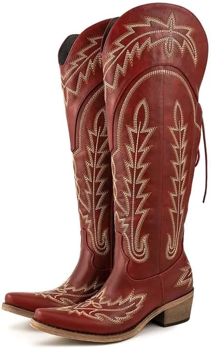 Atuelang Cowboy Boots for Women Knee High Cowgirl Boots Wide Calf Western Embroidered Lace Up Fashion Boot