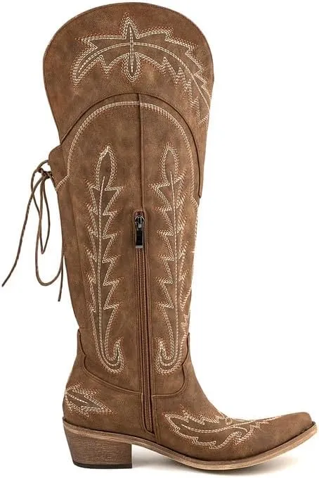 Atuelang Cowboy Boots for Women Knee High Cowgirl Boots Wide Calf Western Embroidered Lace Up Fashion Boot