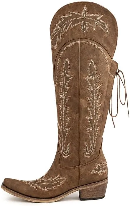 Atuelang Cowboy Boots for Women Knee High Cowgirl Boots Wide Calf Western Embroidered Lace Up Fashion Boot