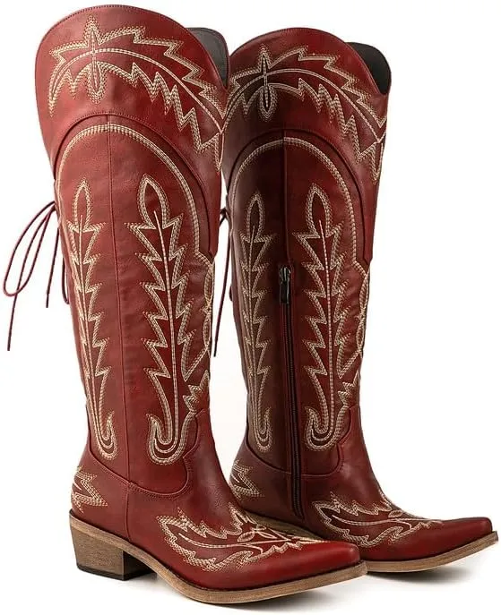 Atuelang Cowboy Boots for Women Knee High Cowgirl Boots Wide Calf Western Embroidered Lace Up Fashion Boot