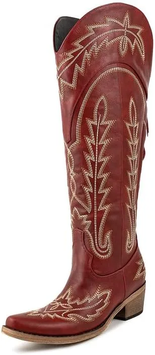 Atuelang Cowboy Boots for Women Knee High Cowgirl Boots Wide Calf Western Embroidered Lace Up Fashion Boot