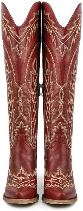 Atuelang Cowboy Boots for Women Knee High Cowgirl Boots Wide Calf Western Embroidered Lace Up Fashion Boot