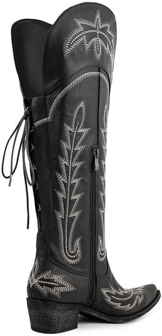 Atuelang Cowboy Boots for Women Knee High Cowgirl Boots Wide Calf Western Embroidered Lace Up Fashion Boot