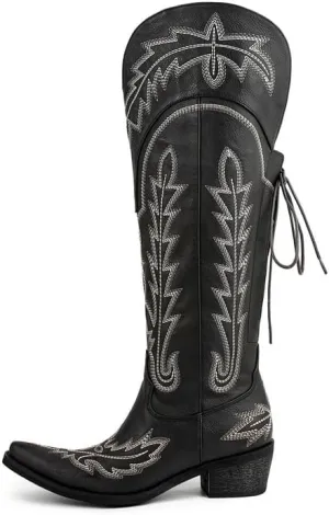 Atuelang Cowboy Boots for Women Knee High Cowgirl Boots Wide Calf Western Embroidered Lace Up Fashion Boot