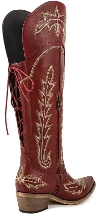 Atuelang Cowboy Boots for Women Knee High Cowgirl Boots Wide Calf Western Embroidered Lace Up Fashion Boot