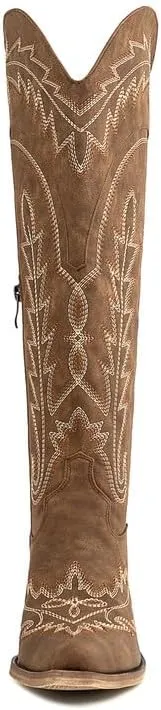 Atuelang Cowboy Boots for Women Knee High Cowgirl Boots Wide Calf Western Embroidered Lace Up Fashion Boot