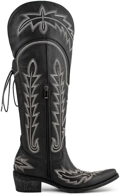 Atuelang Cowboy Boots for Women Knee High Cowgirl Boots Wide Calf Western Embroidered Lace Up Fashion Boot