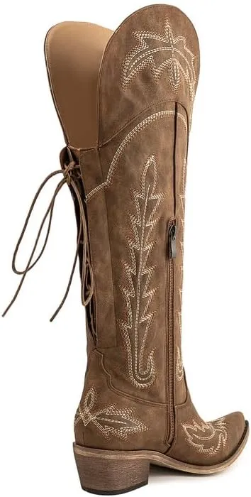 Atuelang Cowboy Boots for Women Knee High Cowgirl Boots Wide Calf Western Embroidered Lace Up Fashion Boot
