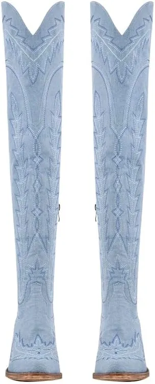 Atuelang Cowboy Boots for Women Thigh High Cowgirl Boots Wide Calf Western Embroidered Over The Knee Boots