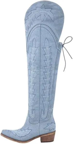 Atuelang Cowboy Boots for Women Thigh High Cowgirl Boots Wide Calf Western Embroidered Over The Knee Boots