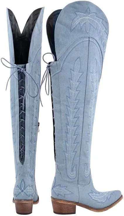 Atuelang Cowboy Boots for Women Thigh High Cowgirl Boots Wide Calf Western Embroidered Over The Knee Boots