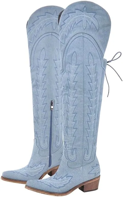 Atuelang Cowboy Boots for Women Thigh High Cowgirl Boots Wide Calf Western Embroidered Over The Knee Boots
