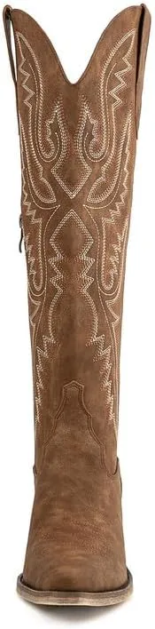 Atuelang Western Cowboy Boots for Women Knee High Wide Calf Lace Up Embroidered Cowgirl Boots