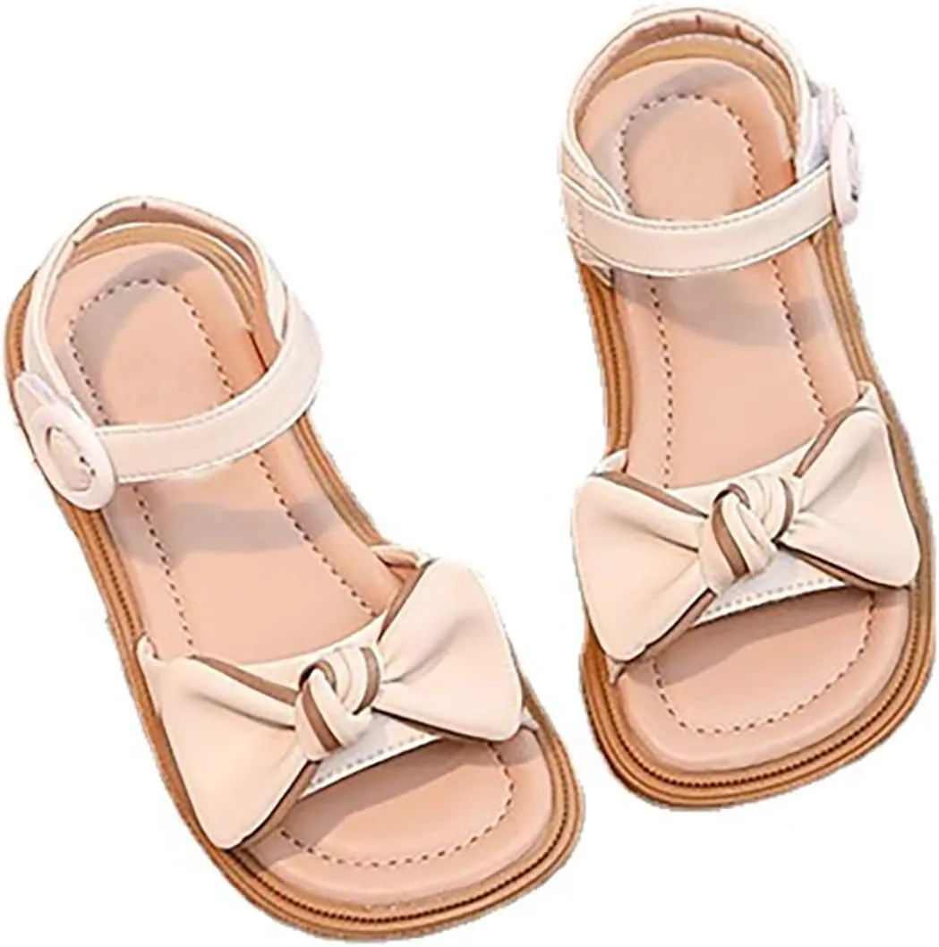 Baby Toddler Infant Sandals Square Open Toe Bow School Dress Shoes Adjustable Strap Slip On Flat Sandal (Beige, 1 Big Kids)