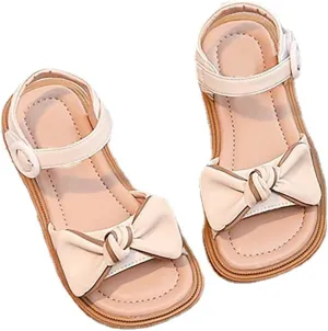 Baby Toddler Infant Sandals Square Open Toe Bow School Dress Shoes Adjustable Strap Slip On Flat Sandal (Beige, 1 Big Kids)