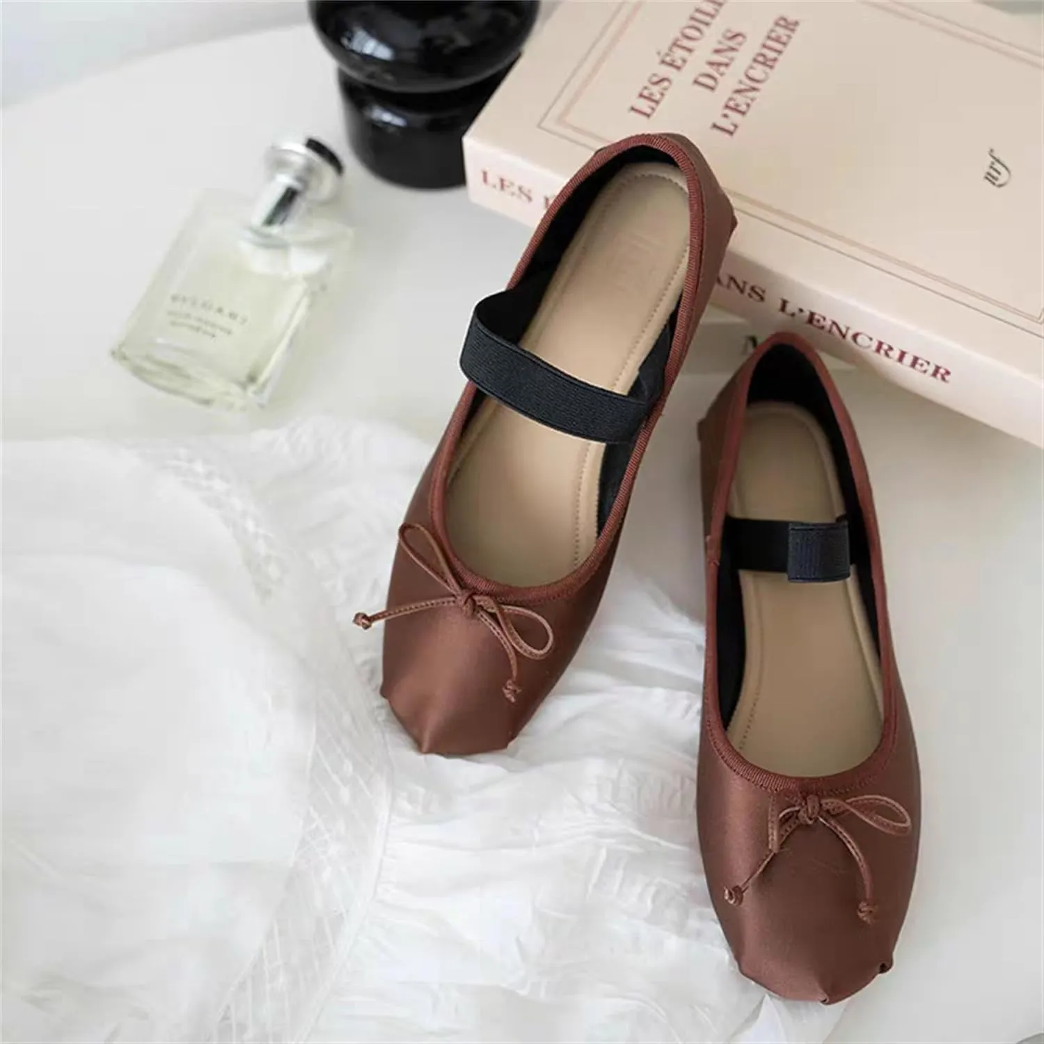 Ballet Flats Shoes for Women Ballerina Satin Flats Ladies Bow Casual Mary Jane Elastic Strap Flats