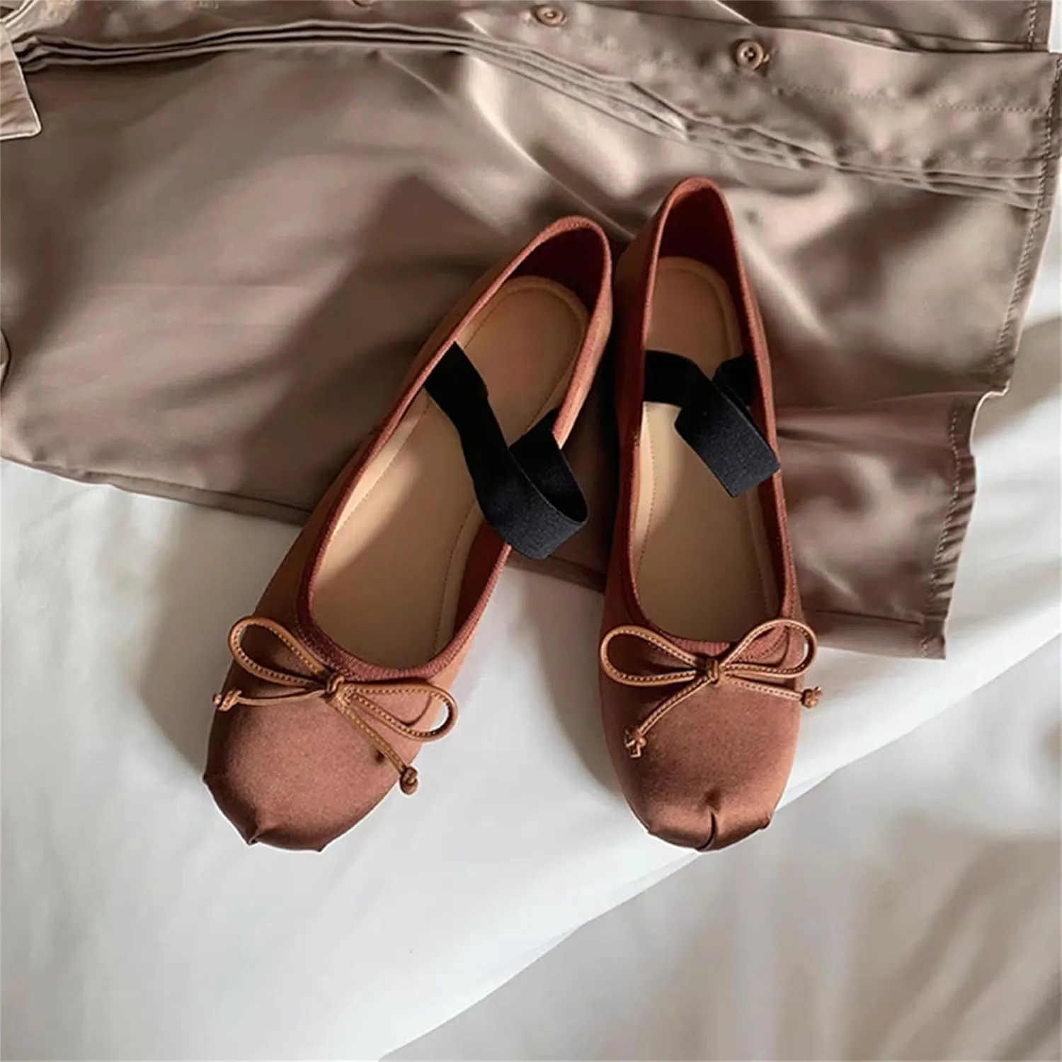 Ballet Flats Shoes for Women Ballerina Satin Flats Ladies Bow Casual Mary Jane Elastic Strap Flats
