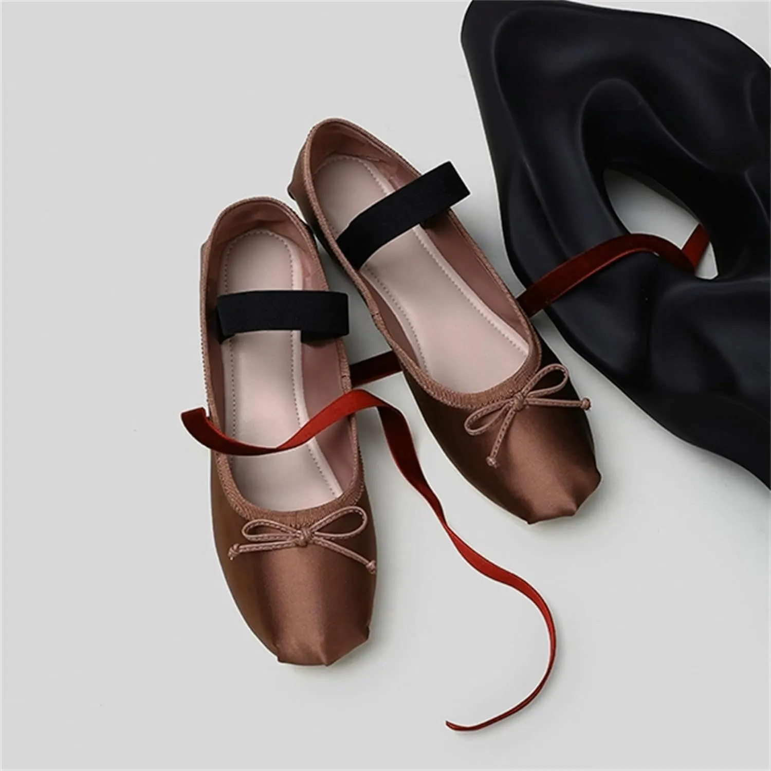Ballet Flats Shoes for Women Ballerina Satin Flats Ladies Bow Casual Mary Jane Elastic Strap Flats